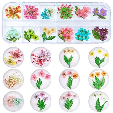 2 Boxes Dried Flowers for Nail Art, KISSBUTY 24 Colors Dry Flowers Mini Real Natural Flowers Nail Art Supplies 3D Applique Nail Decoration Sticker for Tips Manicure Decor (Gypsophila Flowers Leaves)