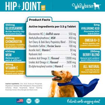 WagWorthy Naturals Advanced Hip and Joint Supplement for Dogs with Chondroitin, MSM and Glucosamine for Dogs, Improves Mobility, Arthritis Pain Relief for Dogs, 60 Chewable Tablets, Made in USA