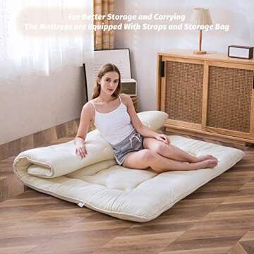 MAXYOYO Japanese Floor Mattress Futon Mattress Queen Size, Thicken Tatami Mat Sleeping Pad Foldable Roll Up Mattress Trifold Mattress Pad Guest Mattress Bed Floor Bed（Off White,Queen Size