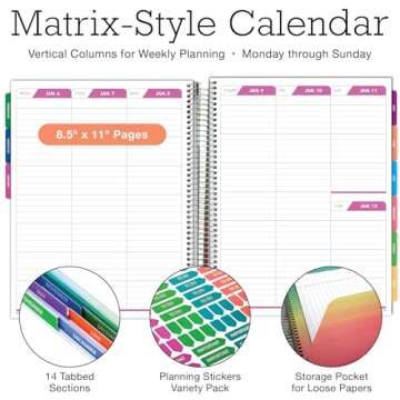 Deluxe 2025 Planner, 8.5"x11": 14 Months (November 2024 - December 2025), Includes Page Tabs, Bookmark, Planning Stickers, Pocket Folder Daily Weekly Monthly Planner Yearly Agenda (Teal Floral)