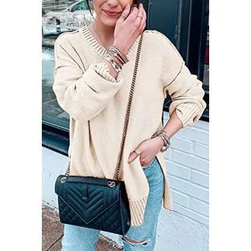 MEROKEETY Women's 2024 Fall Casual Crew Neck Side Split Pullover Sweater Loose Long Sleeve Jumper Top