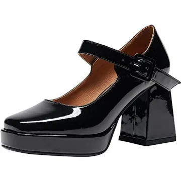 Latasa Mary Jane Shoes Women Platform Chunky Block Heels Square Toe Mary Janes Pumps (8, Black)