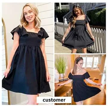 EXLURA Womens 2024 Casual Short Sleeve Square Neck Cap Sleeve Dress High Waist A-Line Summer Smocked Back Mini Dresses