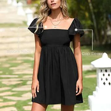EXLURA Womens 2024 Casual Short Sleeve Square Neck Cap Sleeve Dress High Waist A-Line Summer Smocked Back Mini Dresses