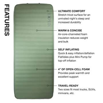 Exped MegaMat 10 - Self Inflating Foam Sleeping Pad, 4" Thickness Camping Bed, Compact and Lightweight, Mini Pump Included, Green, Medium Wide