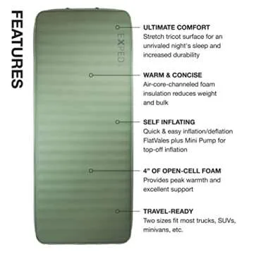 Exped MegaMat 10 - Self Inflating Foam Sleeping Pad, 4" Thickness Camping Bed, Compact and Lightweight, Mini Pump Included, Green, Medium Wide