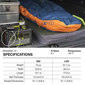 Exped MegaMat 10 - Self Inflating Foam Sleeping Pad, 4" Thickness Camping Bed, Compact and Lightweight, Mini Pump Included, Green, Medium Wide
