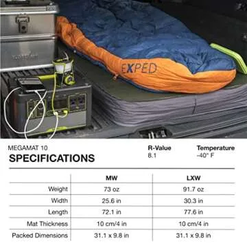 Exped MegaMat 10 - Self Inflating Foam Sleeping Pad, 4" Thickness Camping Bed, Compact and Lightweight, Mini Pump Included, Green, Medium Wide