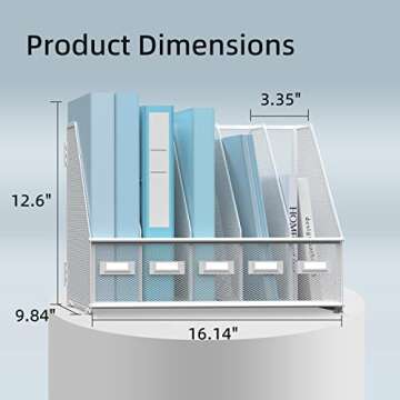 SUPEASY Desk Organizers Metal Desk Magazine File Holder with 5 Vertical Compartments Rack File Organizer for Office Desktop, Home Workspace, White