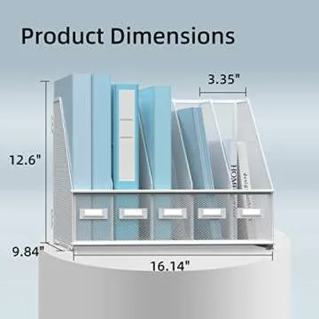 SUPEASY Desk Organizers Metal Desk Magazine File Holder with 5 Vertical Compartments Rack File Organizer for Office Desktop, Home Workspace, White