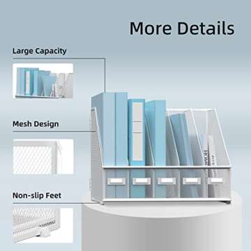 SUPEASY Desk Organizers Metal Desk Magazine File Holder with 5 Vertical Compartments Rack File Organizer for Office Desktop, Home Workspace, White