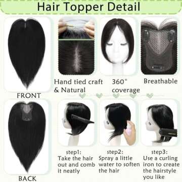LEDIZE Hair Toppers for Women Real Human Hair, 360° Hair Topper No Bangs, Upgrade Lace Base Human Hair Toppers for Women 12 Inch Hair Toppers for Women with Thinning Hair (Black, 12 Inch)