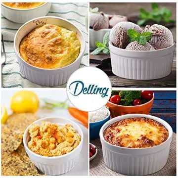 Delling Ramekins 12 Oz Oven Safe, Creme Brulee Set, 6 PACK Porcelain Souffle Dish for Baking, Soup Bowls for French Onion Soup White