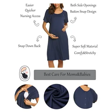 Ekouaer Womens, Nightgown Nightshirt, Nursing/Delivery/Labor/Hospital Short Sleepshirt Dress with Button, 1 Navy Blue, X-Large