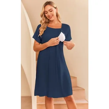 Ekouaer Womens, Nightgown Nightshirt, Nursing/Delivery/Labor/Hospital Short Sleepshirt Dress with Button, 1 Navy Blue, X-Large