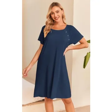 Ekouaer Womens, Nightgown Nightshirt, Nursing/Delivery/Labor/Hospital Short Sleepshirt Dress with Button, 1 Navy Blue, X-Large
