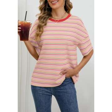 MEROKEETY Women's Summer Short Sleeve Shirt Casual Colourful Striped Crewneck Loose Tops Blouse in P...
