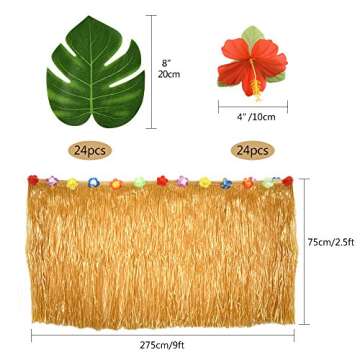 KUUQA Luau Hawaiian Grass Table Skirt with 48 Tropical Decorations for Parties