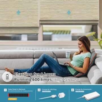 SmartWings Motorized Natural Woven Wood Blinds for Windows, Electric Auto Roman Shades with Remote f...