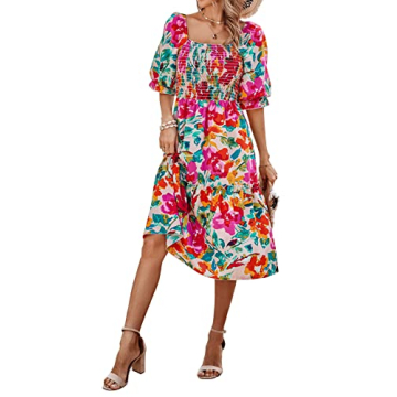 PRETTYGARDEN Women's Summer Casual Midi Dress 2024 Spring Puff Sleeve Square Neck A-line Flowy Boho Floral Smocked Dresses