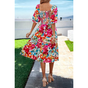 PRETTYGARDEN Women's Summer Casual Midi Dress 2024 Spring Puff Sleeve Square Neck A-line Flowy Boho Floral Smocked Dresses