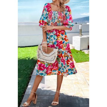 PRETTYGARDEN Women's Summer Casual Midi Dress 2024 Spring Puff Sleeve Square Neck A-line Flowy Boho Floral Smocked Dresses