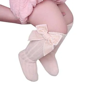 Kayotuas Baby Girls Knee High Socks with Bows Long Tube Ruffled Uniform Stockings Infant Toddler Ribbed Knit Socks (4-Pack Bow Socks,0-12 Months)