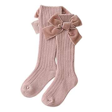 Kayotuas Baby Girls Knee High Socks with Bows Long Tube Ruffled Uniform Stockings Infant Toddler Ribbed Knit Socks (4-Pack Bow Socks,0-12 Months)