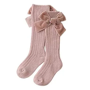 Kayotuas Baby Girls Knee High Socks with Bows Long Tube Ruffled Uniform Stockings Infant Toddler Ribbed Knit Socks (4-Pack Bow Socks,0-12 Months)