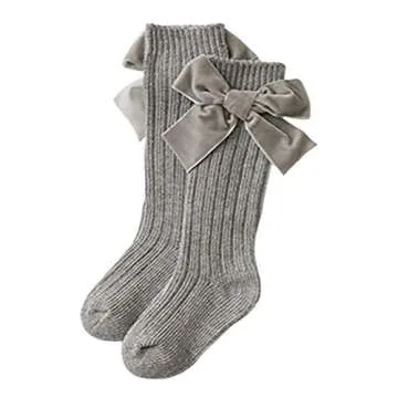 Kayotuas Baby Girls Knee High Socks with Bows Long Tube Ruffled Uniform Stockings Infant Toddler Ribbed Knit Socks (4-Pack Bow Socks,0-12 Months)