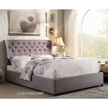Homelegance Wade Eastern Button Tufted Upholstered Wing Headboard, Grey, King