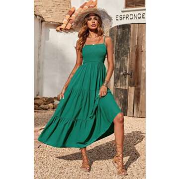 PRETTYGARDEN Women's Summer Maxi Dress 2025 Casual Boho Sleeveless Spaghetti Strap Smocked Tiered Long Beach Sun Dresses (Green,L)