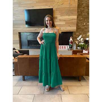 PRETTYGARDEN Women's Summer Maxi Dress 2025 Casual Boho Sleeveless Spaghetti Strap Smocked Tiered Long Beach Sun Dresses (Green,L)