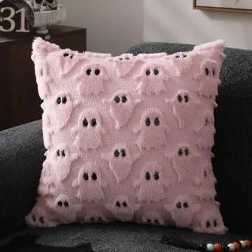 DFXSZ Halloween Pillow Covers 18x18 inch Set of 2 Pink Ghost Throw Pillow Cases Soft Plush Faux Fur Wool Couch Cushion Case for Chair Sofa Bedroom Living Room Home Decor PTK03B18