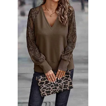 Trendy Queen Womens Fall Fashion 2023 V Neck Puff Lace Long Sleeve Shirts Crochet Hollow Out Elegant Blouses Casual Bobo Clothes Crochet Tunic Tops Coffee