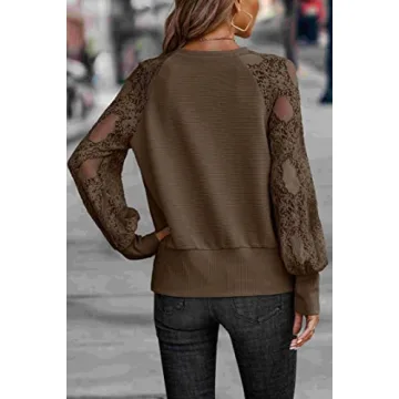 Trendy Queen Womens Fall Fashion 2023 V Neck Puff Lace Long Sleeve Shirts Crochet Hollow Out Elegant Blouses Casual Bobo Clothes Crochet Tunic Tops Coffee