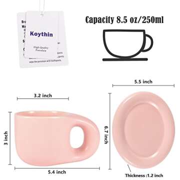 Koythin Ceramic Coffee Chubby Mug Saucer Set, Creative Cute Fat Handle Cup with Saucer for Office an...