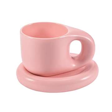 Koythin Ceramic Coffee Chubby Mug Saucer Set, Creative Cute Fat Handle Cup with Saucer for Office and Home, Dishwasher and Microwave Safe, 10 oz for Latte Tea Milk (Pink)