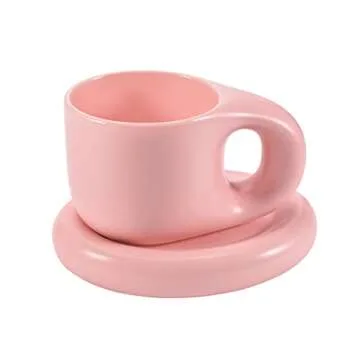 Koythin Ceramic Coffee Chubby Mug Saucer Set, Creative Cute Fat Handle Cup with Saucer for Office and Home, Dishwasher and Microwave Safe, 10 oz for Latte Tea Milk (Pink)