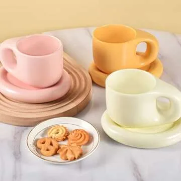 Koythin Ceramic Coffee Chubby Mug Saucer Set, Creative Cute Fat Handle Cup with Saucer for Office and Home, Dishwasher and Microwave Safe, 10 oz for Latte Tea Milk (Pink)
