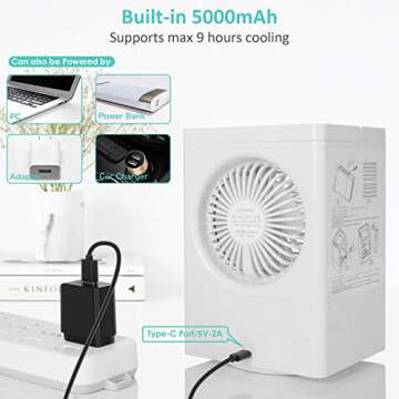 Portable Air Conditioner, 5000mAh Rechargeable Battery Operated 180°Auto Oscillation Personal Mini Air Cooler with 3 Wind Speeds, 3 Cooling Levels, Perfect for Office Desk, Dorm, Bedroom and Outdoors
