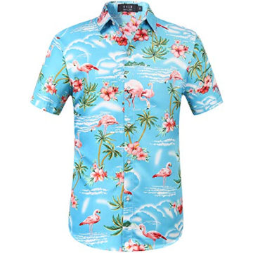 SSLR Men's Flamingo Hawaiian Shirt - Blue Tropical Summer Beach Wear