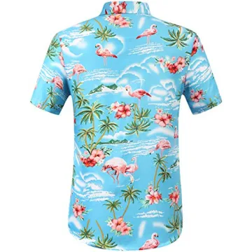 SSLR Men's Flamingo Hawaiian Shirt Blue Summer Beach Wear