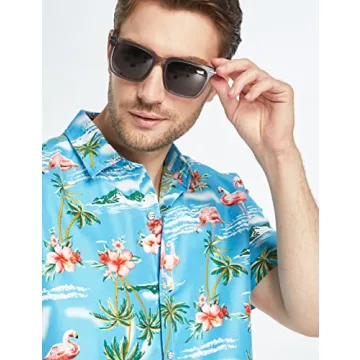 SSLR Men's Flamingo Hawaiian Shirt Blue Summer Beach Wear