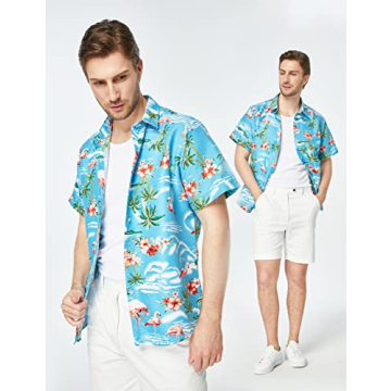 SSLR Men's Flamingo Hawaiian Shirt Blue Summer Beach Wear