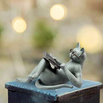 Faruxue Cat Reading Statue for Home Office Decor