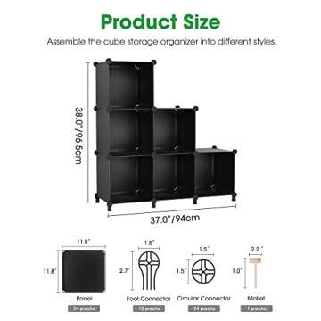 Puroma Closet Organizer 6 Cube Storage Organizer, Bookcase Bookshelf with Mallet DIY Closet Organizers and Storage, Portable Closet Storage Shelves Cabinet for Kids, Home, Office, and Bedroom