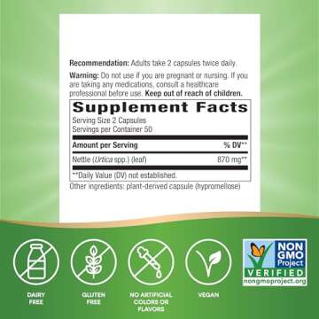 Nature's Way Nettle Leaf, Traditional Urinary Support*, 870 mg per 2-Capsule Serving, Non-GMO Project Verified, Vegan, 100 Capsules (Packaging May Vary)
