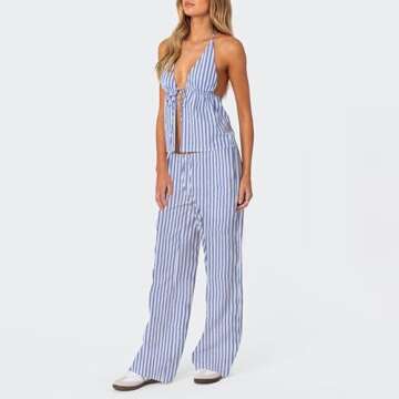 Women Sexy 2 Piece Outfits Tie Up Halter Neck Backless Tank Top and Wide Leg Drawstring Pants Set Clubwear (Sky Blue, S)