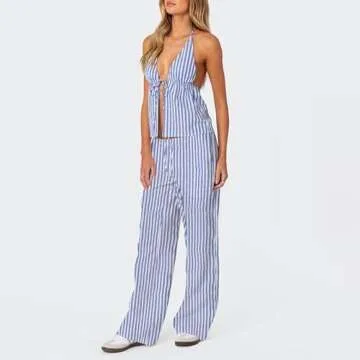 Women Sexy 2 Piece Outfits Tie Up Halter Neck Backless Tank Top and Wide Leg Drawstring Pants Set Clubwear (Sky Blue, S)